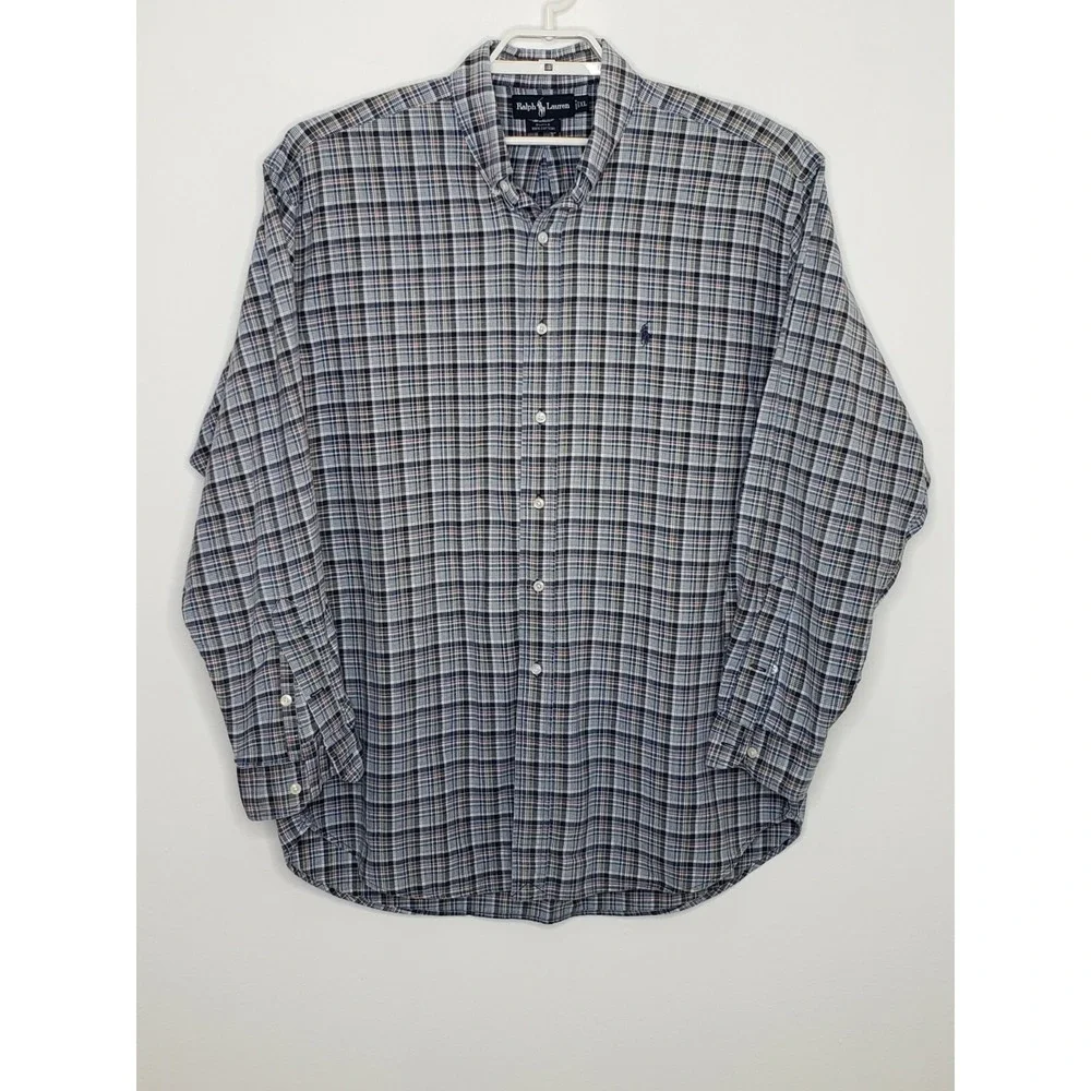 Ralph Lauren Mens Shirt XL‎ L/S Blue Plaid Blake100% Cotton Collared Button Down
